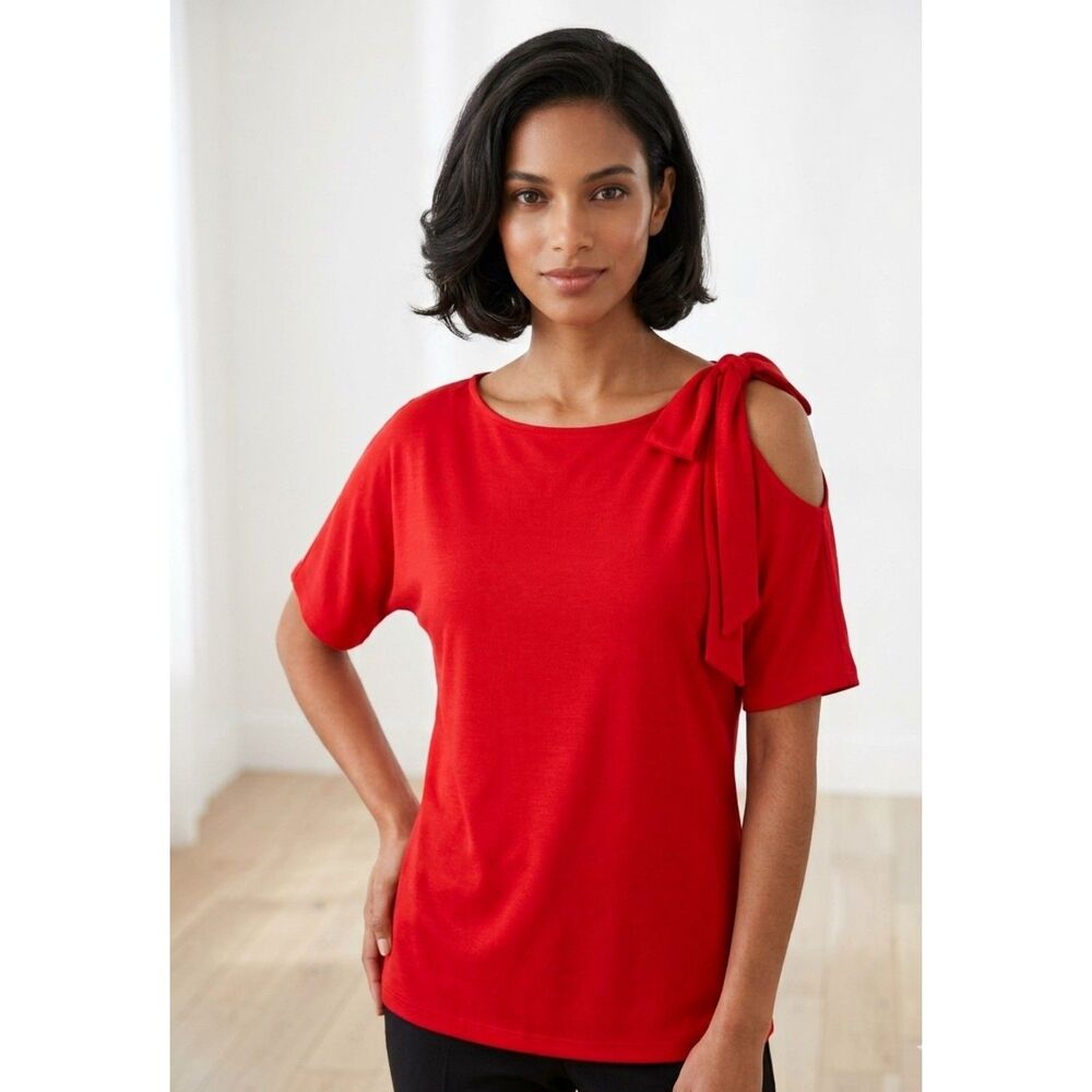NWT Kojooin Bright Red Cold Shoulder Bow Detail Blouse -Size M